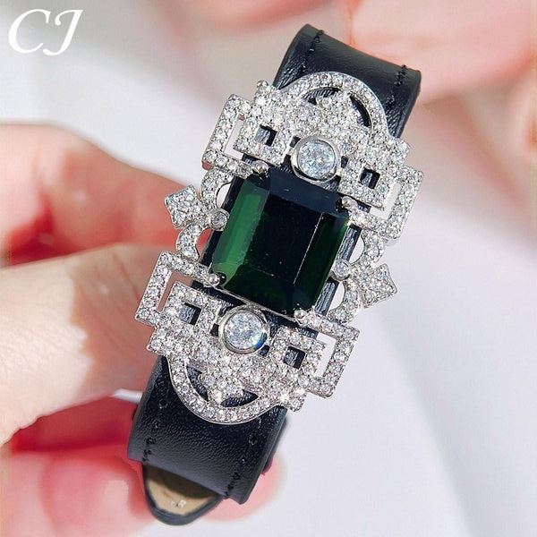 CANDICE Top Quality Belt Leather Adjustable Bracelet Pendant Necklace Jewelry Princess Cut Green Stones Shiny CZ Zirconia Lady Chian Hand Jewellery