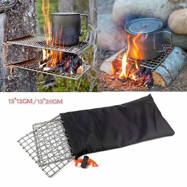 Nouveau Camping en plein air en acier inoxydable gril maille carré pot rack simple bois feu poêle barbecue rack