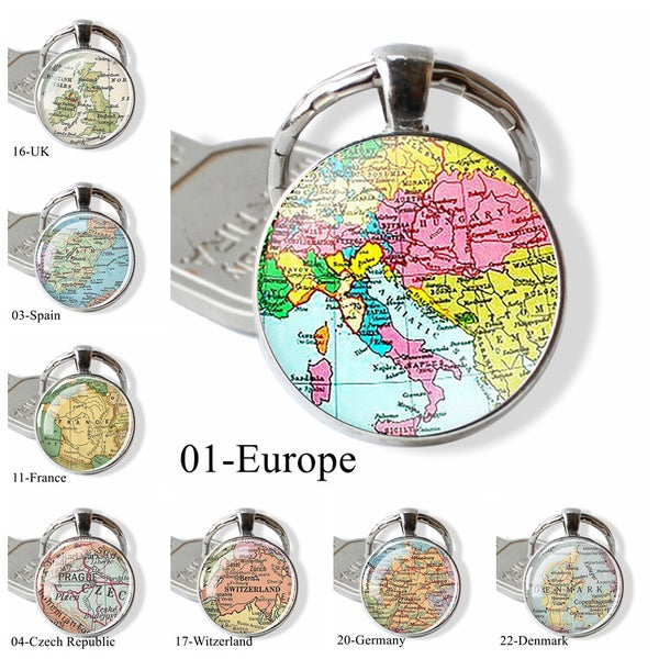 Vintage pays européens carte porte-clés France espagne pologne allemagne pologne italie suisse Vintage carte pendentif porte-clés voyage cadeau