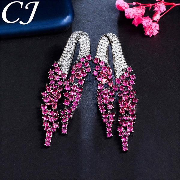 CANDICE Exagéré Super Long Cluster Fleur Pendantes Boucles D'oreilles Pave Incrusté AAA Rose Rouge Cubique Zircone Cristal Noir Plaqué Or Exquis Banq