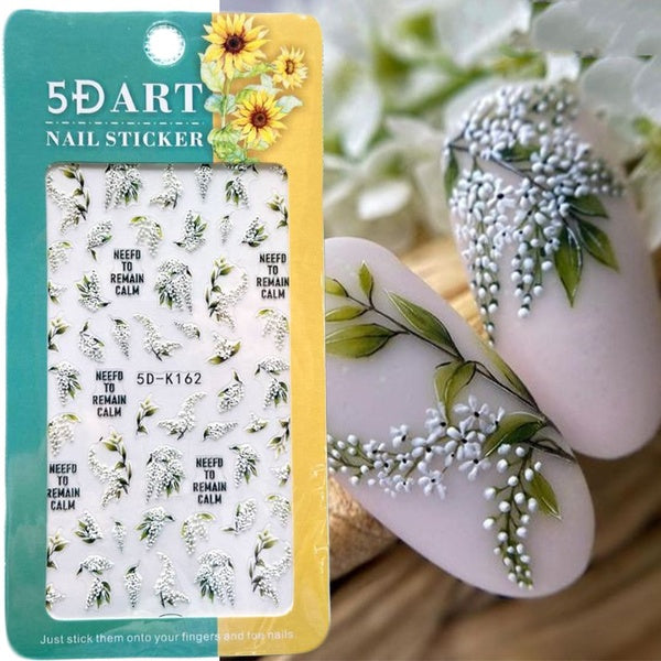 5D White Lily of the Valley Nail Stickers Embossed Wedding Nail Art Decoration Decals Gel Polish Bouquet Decor Sliders SA5D-K16