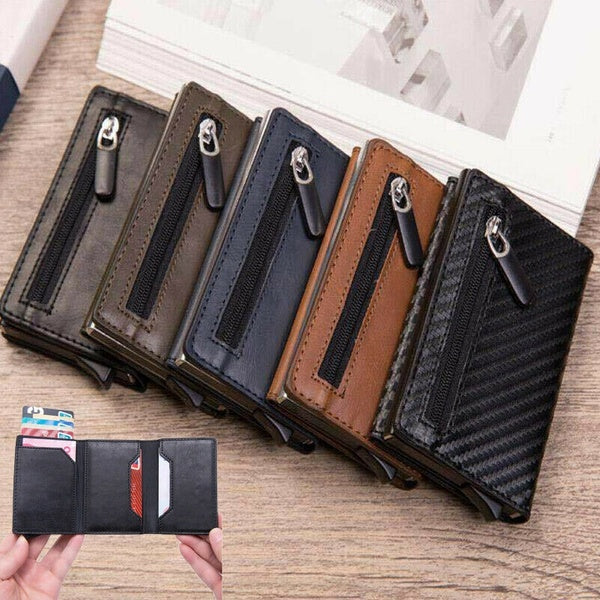 Men's Wallet Genuine Leather Credit Card Holder Case Blocking Zipper Thin Pocket RFID Blocking Holder