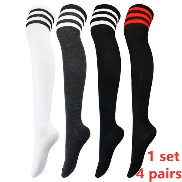 4 paires de chaussettes cuissardes sur le genou bas de bottes sur le genou Tube chaussettes rayées jambières chaussettes
