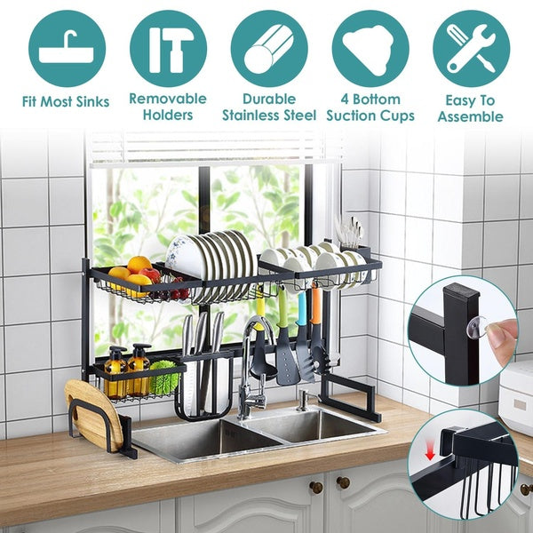 2-Tier Over the Sink Dish Drying Rack Drainer Utensil Organizer Holder Tableware Organizer Large Dish Rack for Kitchen Countertop Stainless Steel 33.