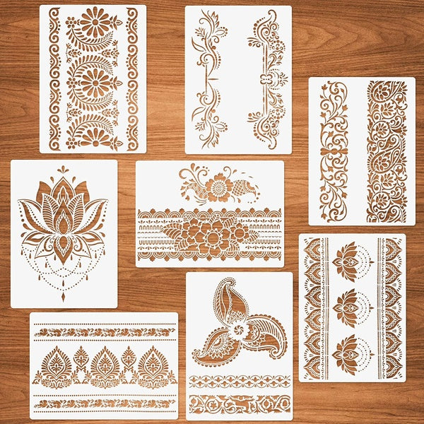 Flower Border Stencils, 8 Pcs Mandala Stencils for Painting on Wood Canvas Paper Wall Mandala Border Reusable DIY Craft Stencils 8.3"x11.8"