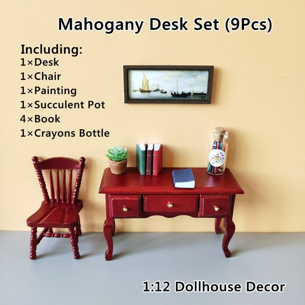 Dollhouse Study Room Mini Desk & Chair-Books Dollhouse Accessories 1:12 Miniatures Collection