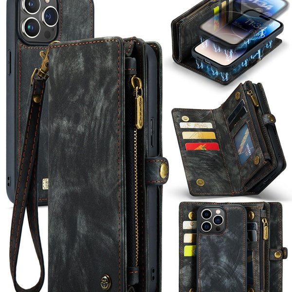 Étui portefeuille en cuir CaseMe pour iPhone 14 12 13 11 Pro XS Max X XR SE 2022 8 7 6 6S Plus couverture de carte de sac à main à fermeture éclair m