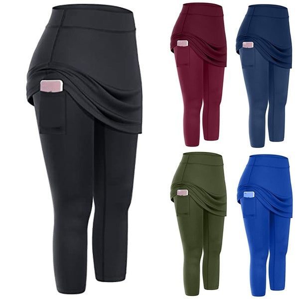 Femmes Tennis Jupe Leggings Poches Élastiques Sports Yoga Capris Jupes Legging Fitness Pantalon Actif (5 Couleurs)