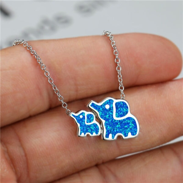 Boho mignon éléphant maman et éléphant bébé pendentif bleu opale chaîne collier femmes charme mariée mariage bijoux cadeau de la mère