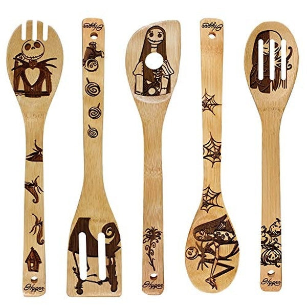 Organic Bamboo Spoons Cooking & Serving Utensils Burned Wooden Spoon Carved Spatulas Kitchen Utensil Set Great Gift For Chefs & Foodies Magic Pattern