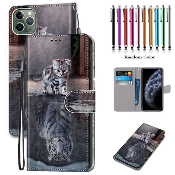 Cat Becomes Tiger Pattern PU Leather Wallet Style Flip Cover With Card Holder Protection Mobile Phone Bag Case With Stylus Pen For iPhone 7 6 6S Sams