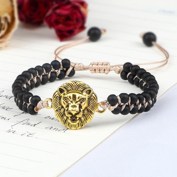 Fashion Women Braided Charm Bracelet Lion Tree of Life Beads Handmade Natural Black Matte Stone Yoga Wrap Bracelets Jewelry Gift