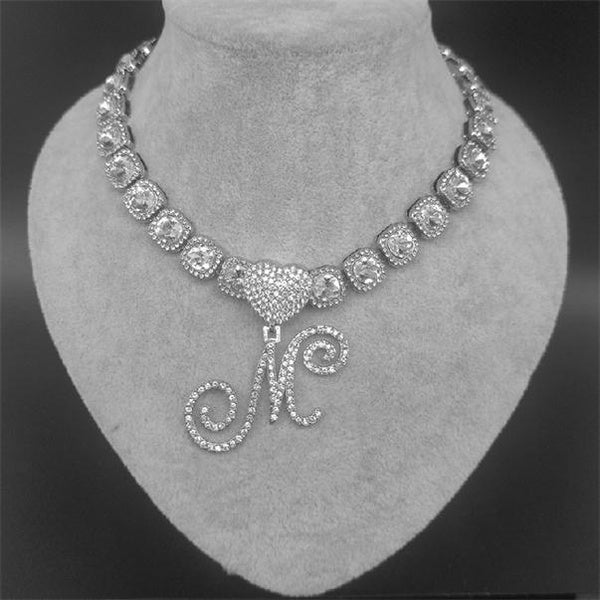 Hip Hop Diamonds 12mm Letters A-Z Love Pendant Necklace Square Chain Iced Out Bling Choker Necklaces for Men Women Fashion Jewelry