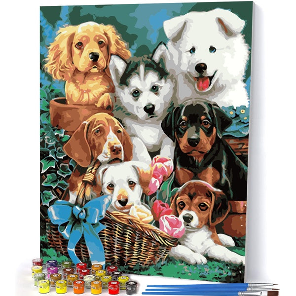 （Seven different dogs）FIYO Diy Oil Paint by Numbers Kits for Adults and Kids Beginner on Canvas Fashion Oil Painting Wall Art for Gift( No Frame )