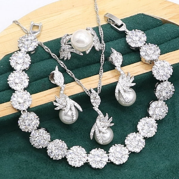 Charmante perle blanche 925 ensemble de bijoux en argent pour les femmes Zircon Bracelet boucles d'oreilles collier pendentif anneau