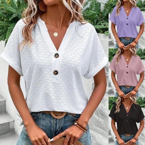 Women's Fashion Casual Blouses Summer Loose Shirt Ladies Short Sleeve V Neck Tops Female Clothings