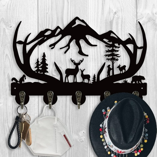 KingLive Key Hangers for Wall, Deer Key Hooks for Wall,Black Wooden Antlers Key Holder with 5 Metal Key Rack Organizer for Wall Decorative with Scre