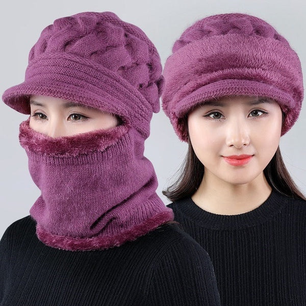 New fashion Mother Female Lady Winter Woolen Hats Plus Velvet Thickening Warm Windproof Cycling Hat knitting Fur Warm Hat & Scarf Set Knitted Scarf H