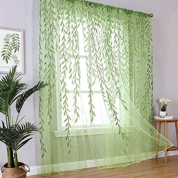 Willow Leaf Sheer Window Curtains,Fresh Pastoral Style Ivy Curtain,Transparent Wicker Living Room Curtains, Ventilated Breathable Modern Tulle Voile