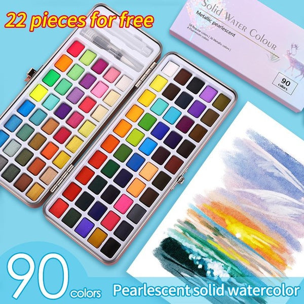 90 Colors Solid Watercolor Pigment Set Neone Glitter Metallic Pearlescent Fluorescent Watercolor Paint for Drawing Art Supplie