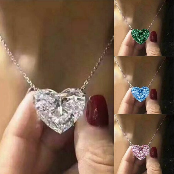 Elegant Silver Plated Sparkling Heart White Sapphire Lab Diamond Clavicle Choker Necklaces for Women Classic Bridal Wedding Party Invisible Chain Gem
