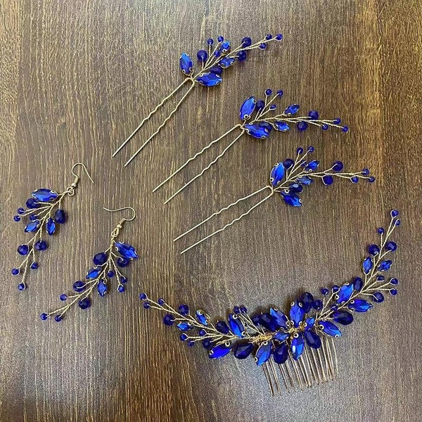 Handmade Rhinestone Bridal Hair Accessories Headwear Blue Crystal Headband Hair Comb U-Shape Hairpin Dangle Earrings Jewelry Set Matron Inn