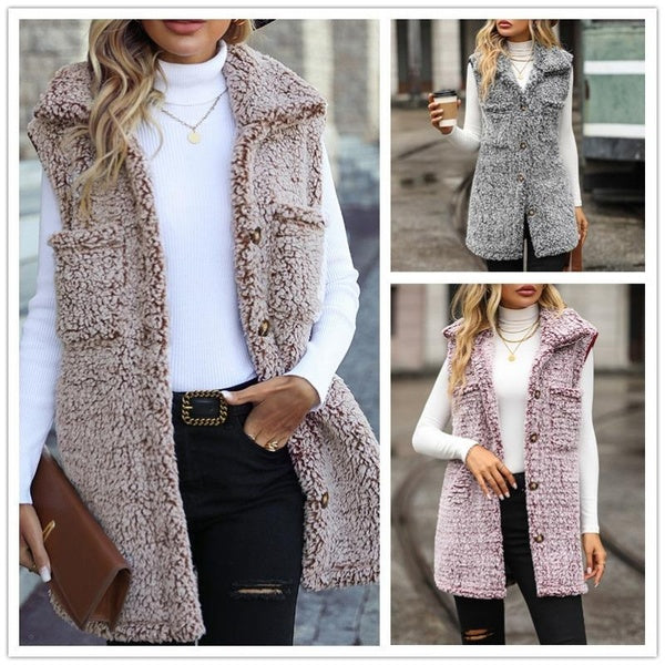 Women's Autumn and Winter Collarless Long Sleeveless Loose Casual Faded Bubble Down Cardigan Vest