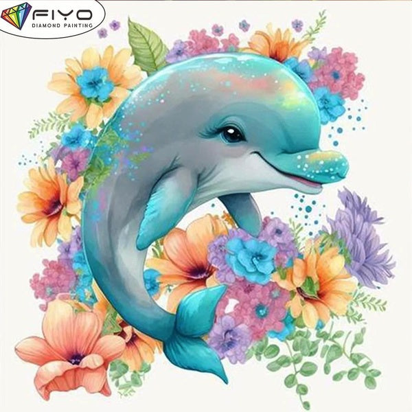 FIYO DIY 5D Dolphin Diamond Painting Full Drill with Number Kits Home and Kitchen Fashion Mosaic Diamond Painting Canvas Wall Decoration Gift Crafts