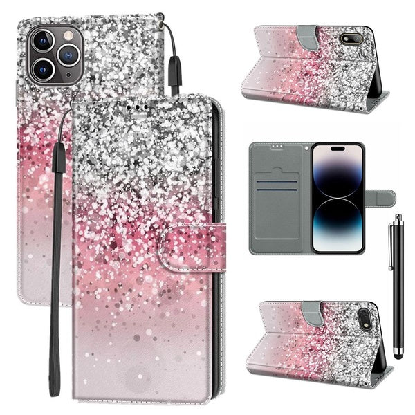 PU Leather Shockproof Cover Silver Glitter Pattern Wallet Phone Flip Case for Xiaomi Redmi Note 13 & Redmi Note 13 Pro & Redmi Note 12s & Redmi 13C & Redmi A