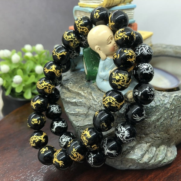 Gold Silver Dragon Beads Bracelet for Man 10-12-14mm Black Stone Charms