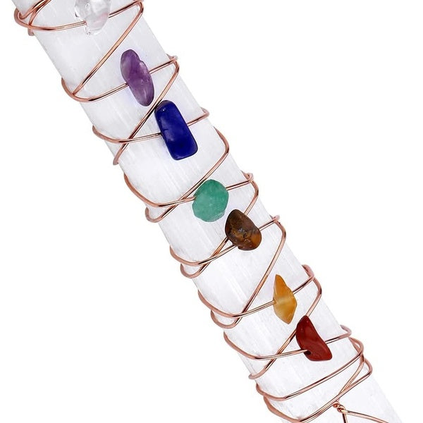 7 Chakra Reiki Guérison Cristal Fil De Cuivre Enveloppé Bâton De Sélénite Brut pour Yoga Méditation Équilibrage (7 Chakra Chip Perles Pierre)