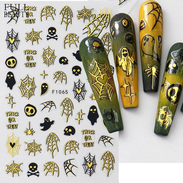 3D Halloween Gold Black Spider Web Nail Stickers Decals Ghost Pumpkin Nail Art Adhesive Sliders Manicure Nail Tattoo Decorations