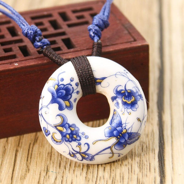 Porcelain Ceramic Pendant Necklace Butterfly Flower Lucky Ring Lover Charms Handmade Vintage Ethnic Jewelry Chinese Style Romeo and Juliet