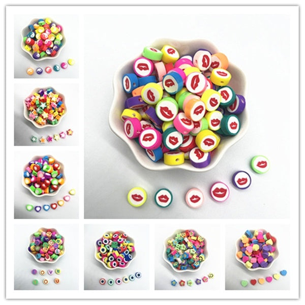 30pcs 10mm Smiling Face-Heart-Fruit-Flowers Beads Polymer Clay Spacer Loose Beads for Jewelry Making DIY Bracelet Accessories
