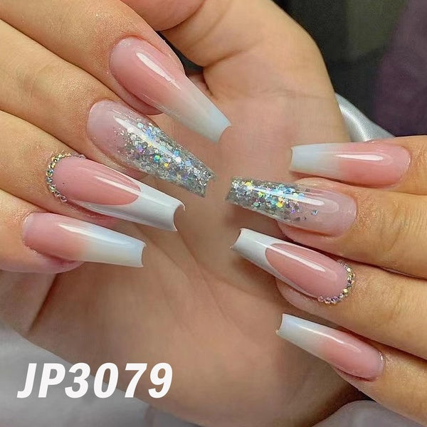 French Gradient Long Fake Nails Purple Glitter Powder Wearable Nails Red Mirror Almond False Nails Pink French Almond Shaped Press On Nails for Girls