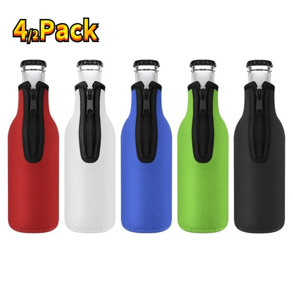 4-2Pack Beer Bottle Cooler Sleeves with Zipper for Party, Beer Holder Collapsible Insulated Neoprene Beer Bottle Cover for 12oz 330ml to 350ml Bottle
