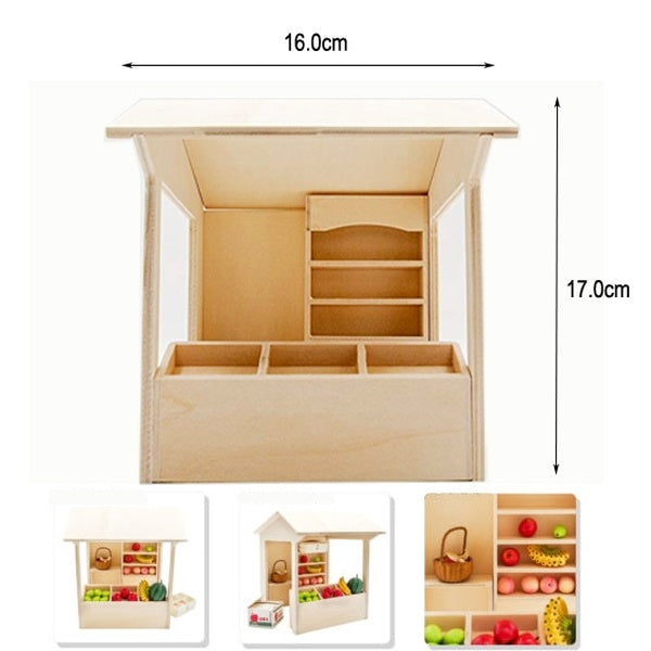 Dollhouse Miniature Furniture Wooen Food Grocery Store Shop Shelving Cabinet Show Case Display Counter and Canopy Assembly DIY Accessory 1-12 Model
