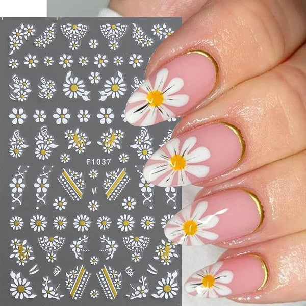 3D Daisy Nail Stickers White Gold Flowers Leaves Plant Floral Decals Spring Summer Self-adhesive Girls Decor Nail Supplies F1037
