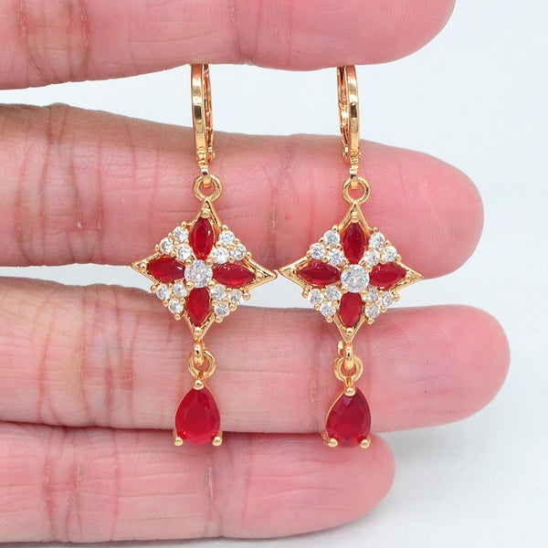 Boucles d'oreilles pendantes de mariage avec zircon cubique rouge pour femmes