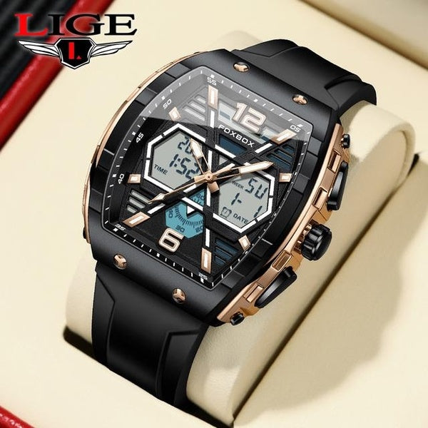 LIGE - montre carrée en Silicone pour hommes, chronographe de Sport, alarme, LED, étanche 50m, double affichage, horloge analogique à Quartz