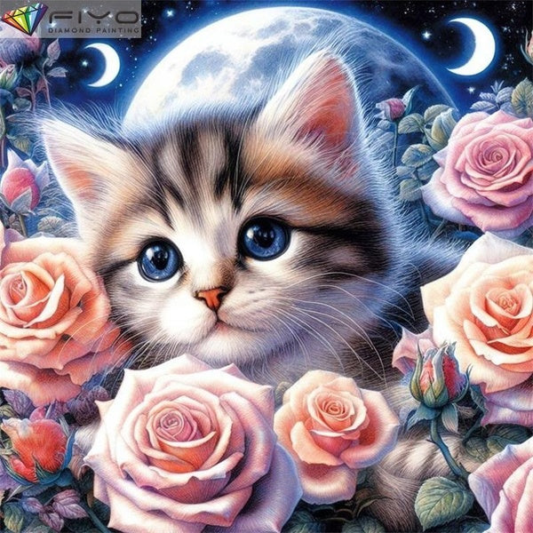 FIYO Cute Cat With Blue Eyes DIY 5D Diamond Painting Full Drill with Number Kits Home and Kitchen Fashion Mosaic Diamond Painting Canvas Wall Decorat
