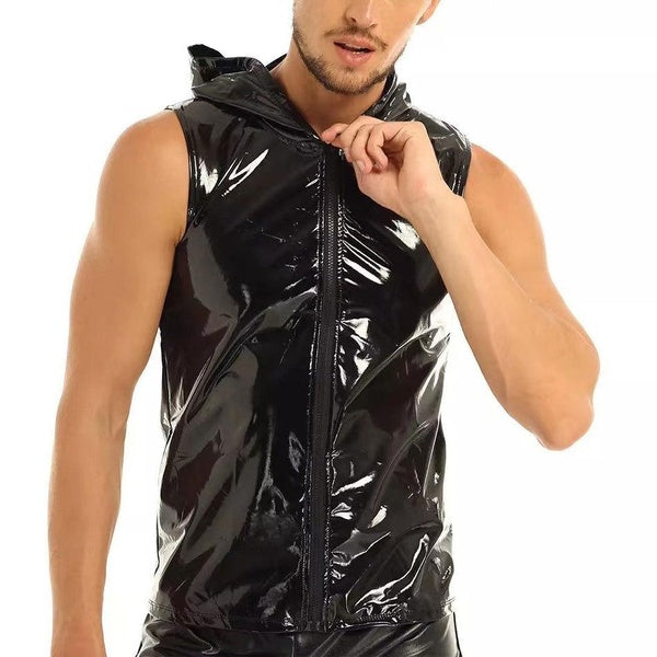 Men's Mirror Face Leather Vest Bright Leather Hooded Sleeveless Tank Top T-shirt Tight Fit Men's