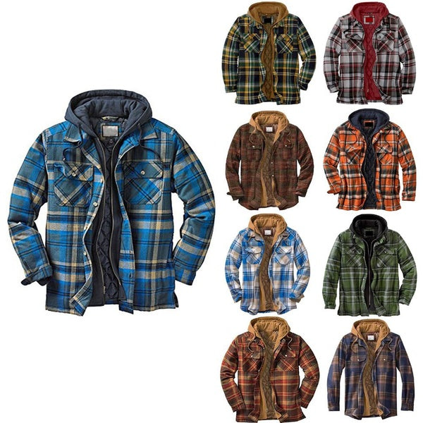 Plus Size Mens Winter Long Sleeve Plaid Check Casual Hoodie Hooded Jacket Thermal Quilted Lined Coat Outwear