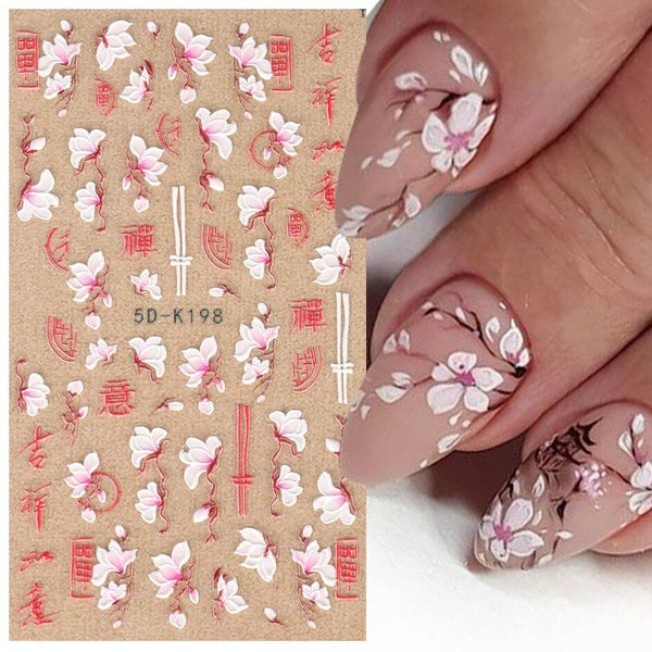 Embossed 5D Spring Cherry Blossom Nail Art Chinese New Year Orange Flower Good Luck Implication Manicure Stickers Decor SA5D-K