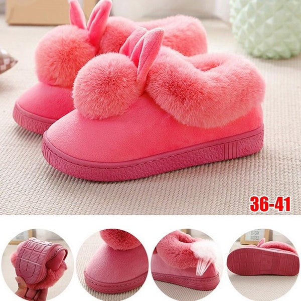 Pantoufles mignonnes en coton pour femmes, automne hiver, pantoufles plates et moelleuses, oreilles de lapin de dessin animé, pantoufles d'intérieur