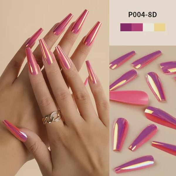 24PCS Mirror Effect Fake Nails Kit With Adhesive Full Cover Artificial False Nail Art Tips Set Long Coffin Press On Nails for Womens