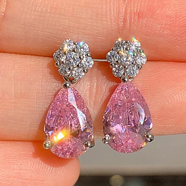 Boucles d'oreilles pendantes exquises en forme de larme en saphir rose pour femmes, boucles d'oreilles de mariage, bijoux