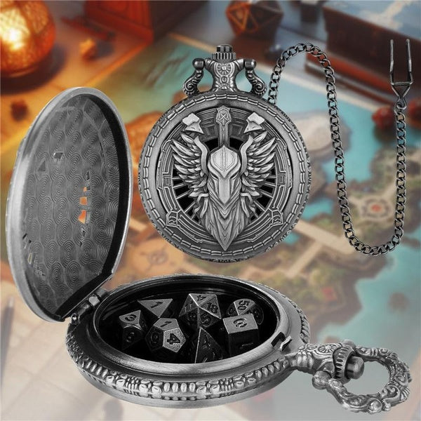 Bronze 7pcs Metal Polyhedral Dice Role Play Gaming Dices with Knight Pocket Watch Case with FOB Chain