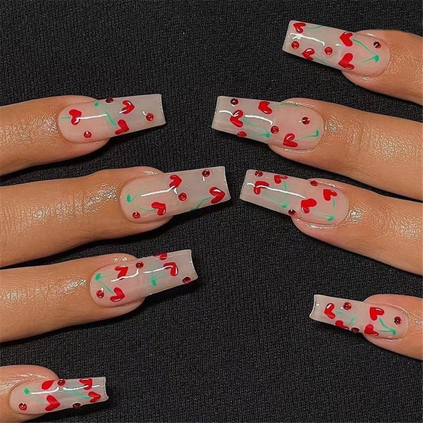 Fake Nials Art Red Love Little Cherry False Nails Press On Nails French Coffin Fake Nails with Design Ballerina Manicure Patches