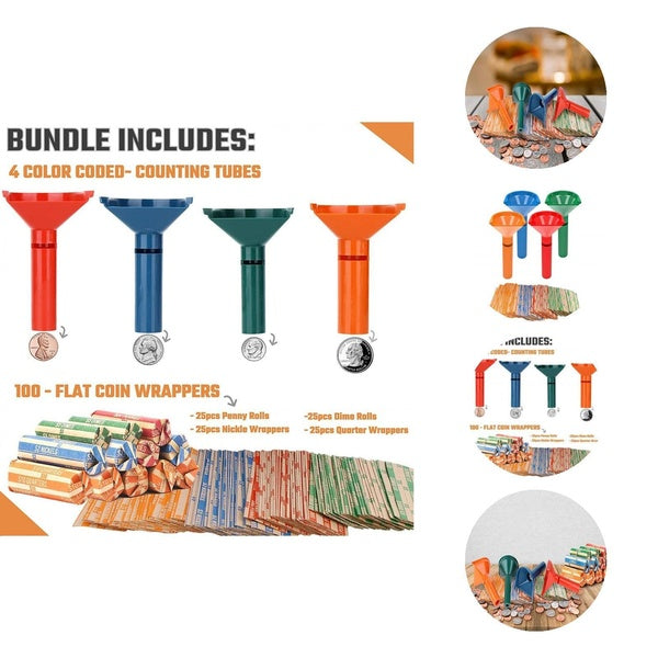 Coin Counter Funnel Professional Coin Sorter Coin Sorters Tubes Bundle Easy Counting with 4 Color-coded Tubes 100 Assorted Wrappers Ideal for Busines